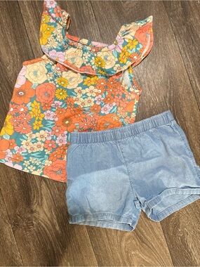 Floral Ruffle Tank Top & Denim Shorts Set